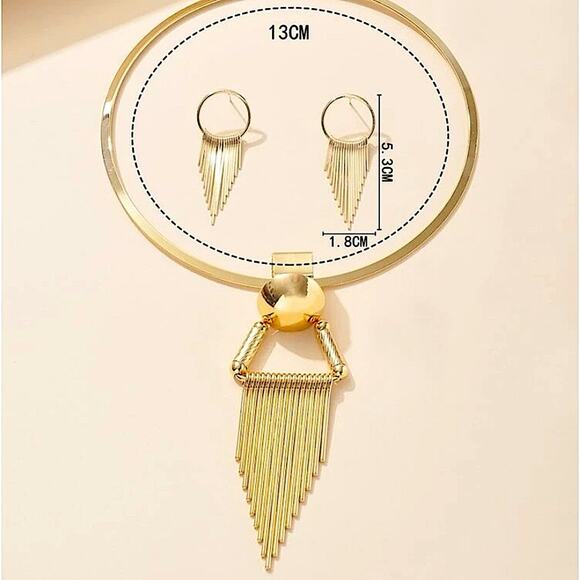 Gold Tassel Fringe Statement Choker Necklace Earrings - Picture 3 of 8